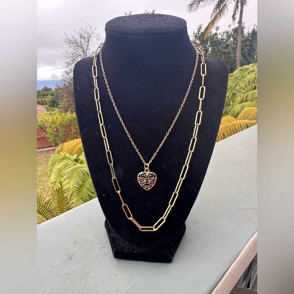 RSVP Gold Tone Layered Paperclip Chain Filigree Heart Pendant Necklace Set - Picture 3 of 5